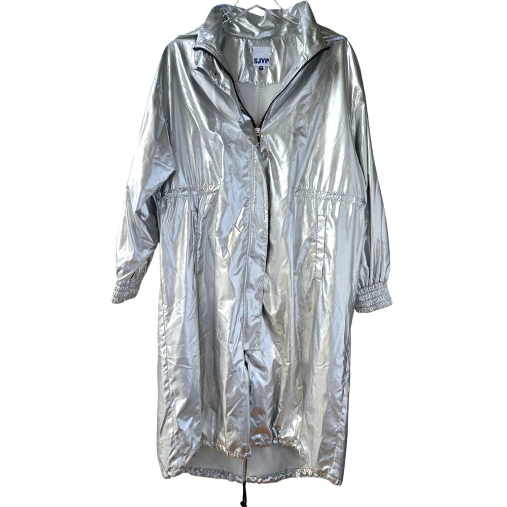 SJYP Silver Long Metallic Raincoat Hooded Womens Size Medium Korean Brand Edgy